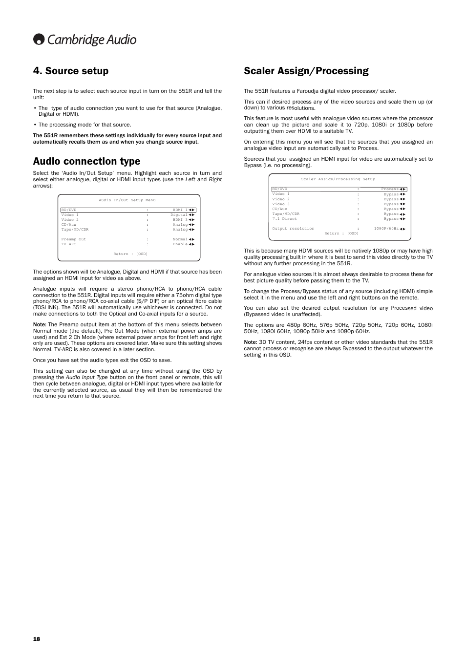Audio connection type, Source setup, Scaler assign/processing | Cambridge Audio AZUR 551R User Manual | Page 18 / 32