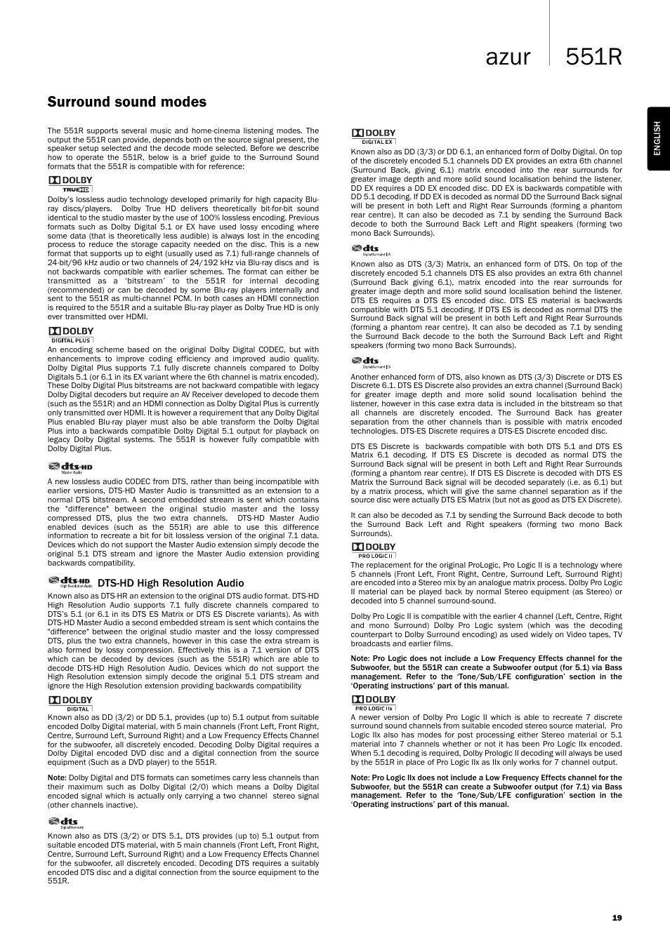 551r azur, Surround sound modes, Dts-hd high resolution audio | Cambridge Audio AZUR 551R User Manual | Page 19 / 32
