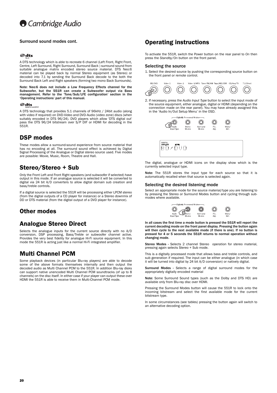 Operating instructions, Dsp modes, Stereo/stereo + sub | Other modes analogue stereo direct, Multi channel pcm | Cambridge Audio AZUR 551R User Manual | Page 20 / 32