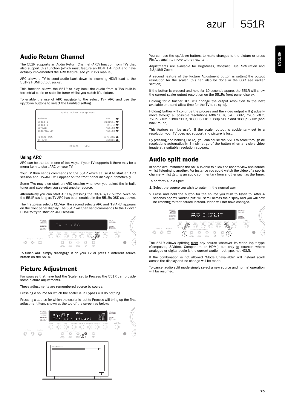 551r azur, Audio return channel, Picture adjustment | Audio split mode, Using arc | Cambridge Audio AZUR 551R User Manual | Page 25 / 32