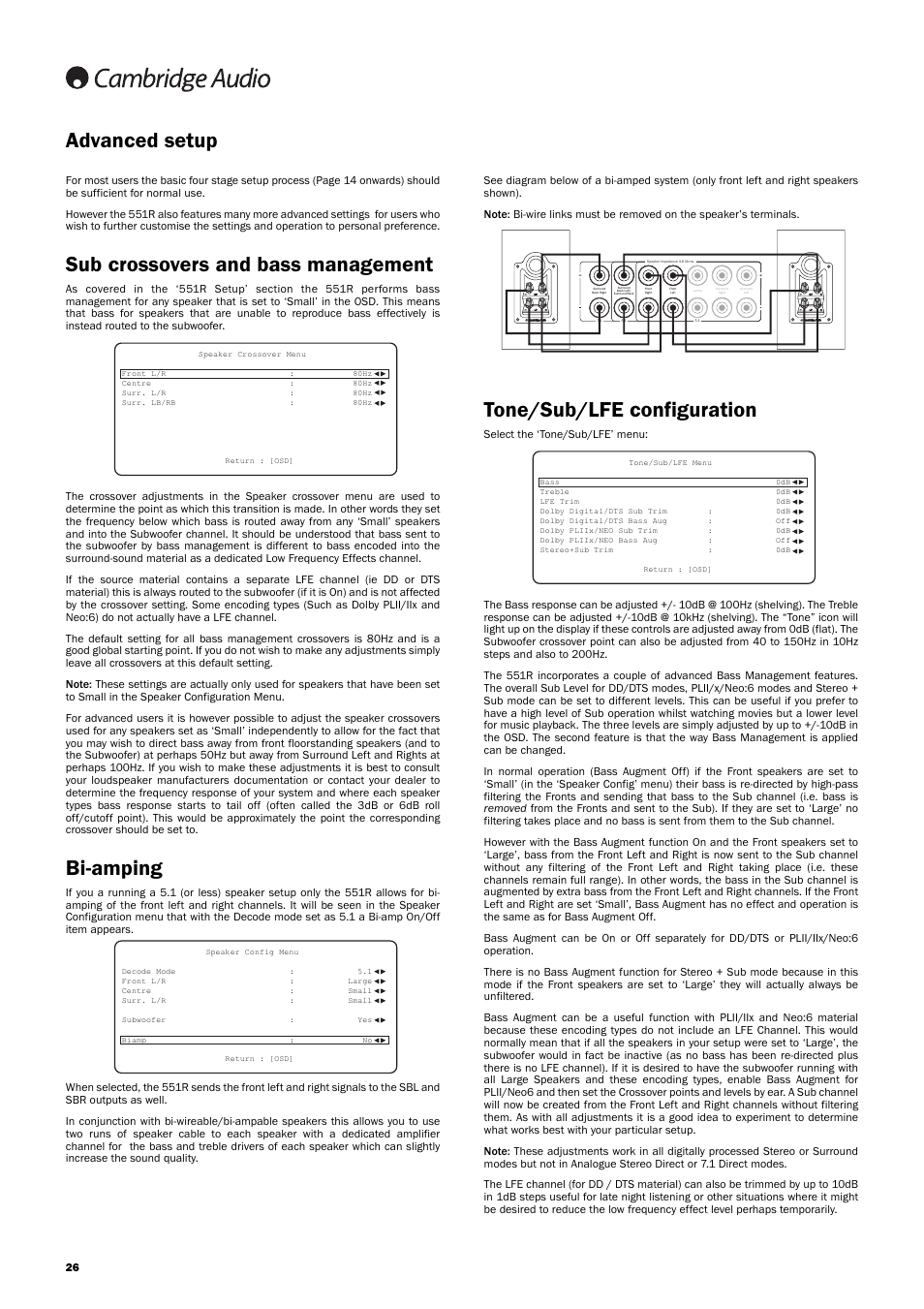 Advanced setup, Sub crossovers and bass management, Bi-amping | Tone/sub/lfe configuration | Cambridge Audio AZUR 551R User Manual | Page 26 / 32