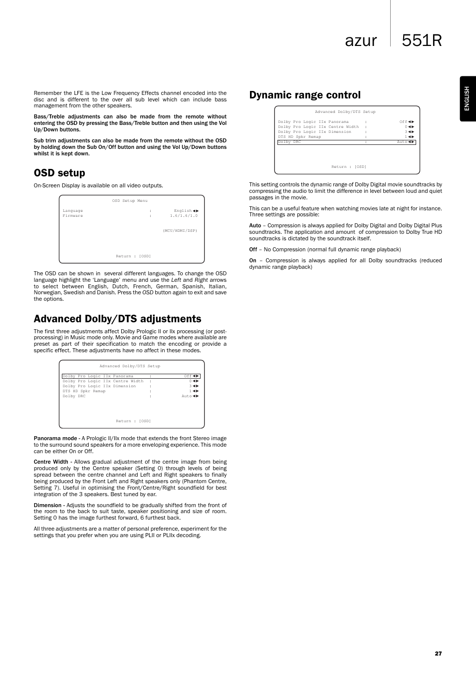 551r azur, Dynamic range control, Osd setup | Advanced dolby/dts adjustments | Cambridge Audio AZUR 551R User Manual | Page 27 / 32