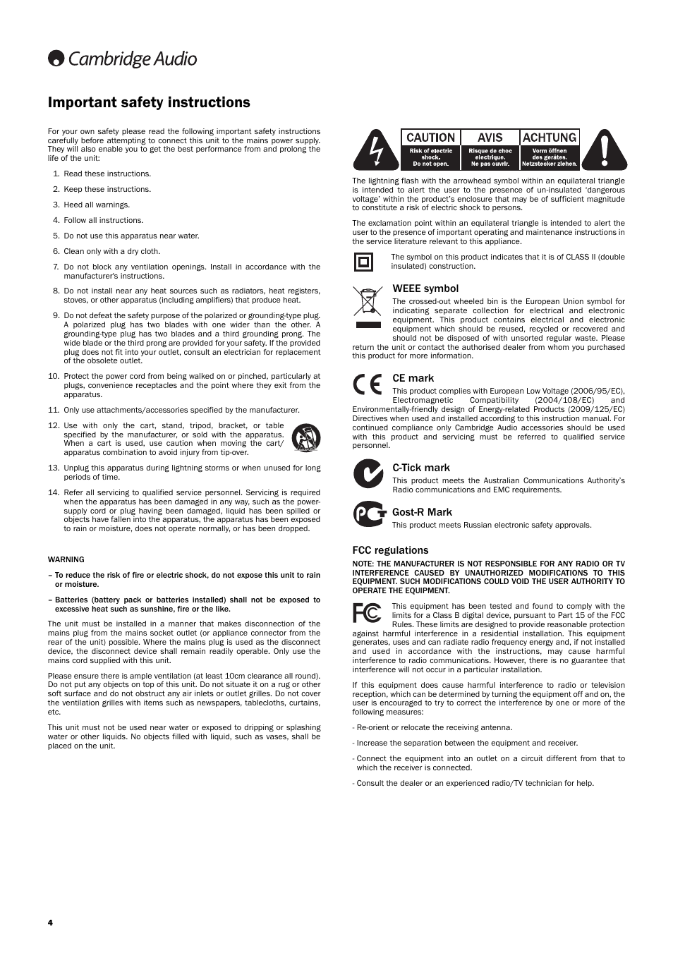 Important safety instructions, Weee symbol, Ce mark | C-tick mark, Gost-r mark, Fcc regulations | Cambridge Audio AZUR 551R User Manual | Page 4 / 32