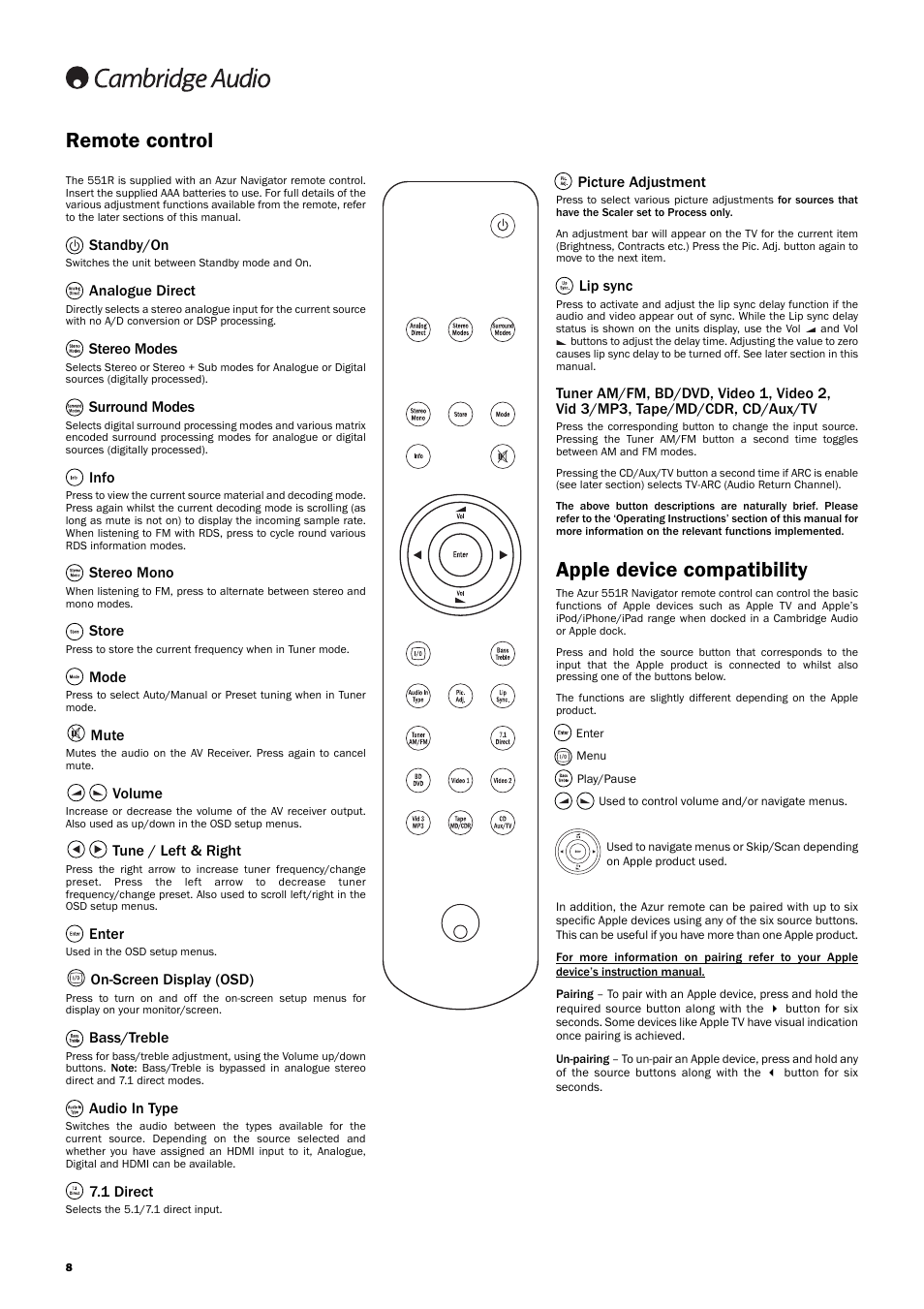 Remote control, Apple device compatibility | Cambridge Audio AZUR 551R User Manual | Page 8 / 32