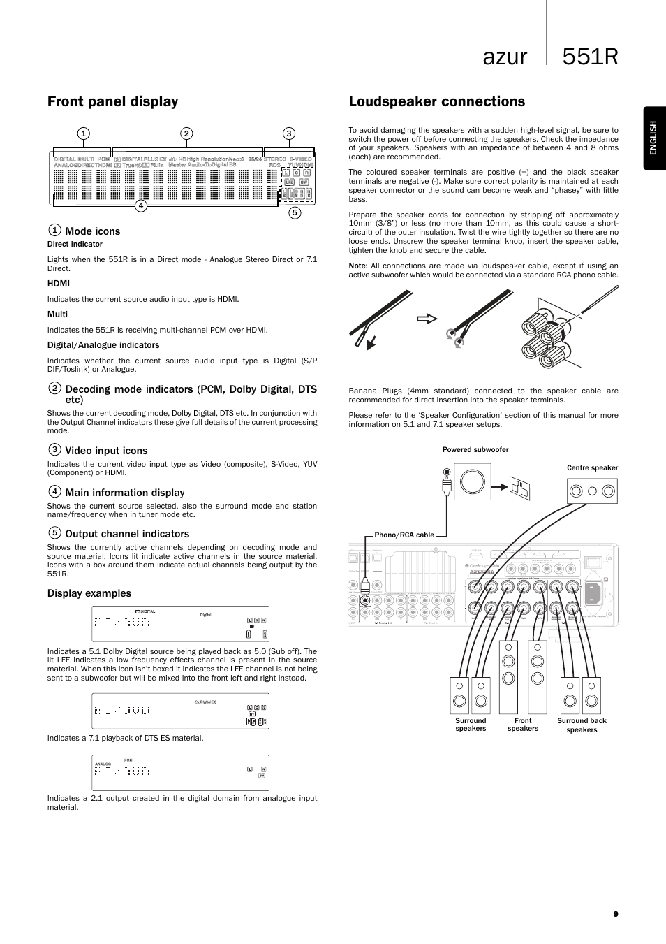 551r azur, Front panel display, Loudspeaker connections | Cambridge Audio AZUR 551R User Manual | Page 9 / 32