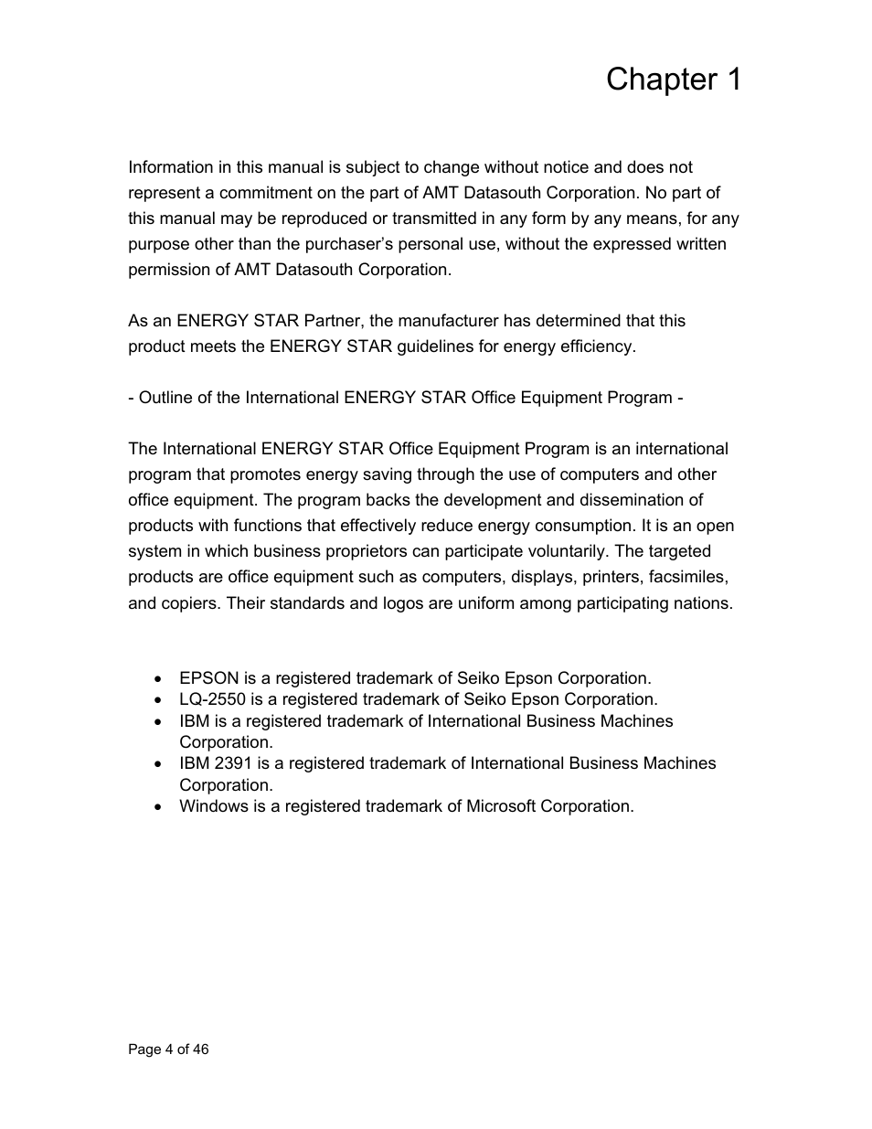 Chapter 1, Copyright declaration | AMT Datasouth Accel 7350 User Manual | Page 5 / 47