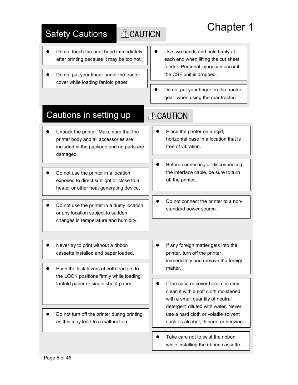 Chapter 1, Safety cautions, Cautions in setting up | AMT Datasouth Accel 7350 User Manual | Page 6 / 47