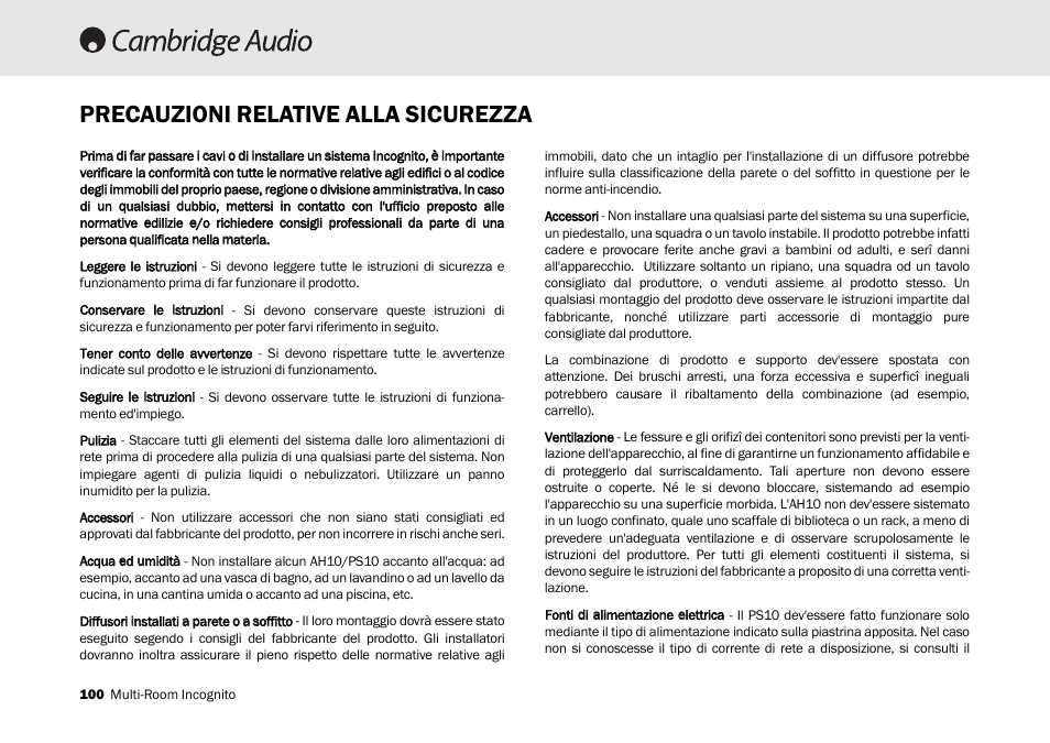 Precauzioni relative alla sicurezza | Cambridge Audio Multi-room speaker system User Manual | Page 100 / 194
