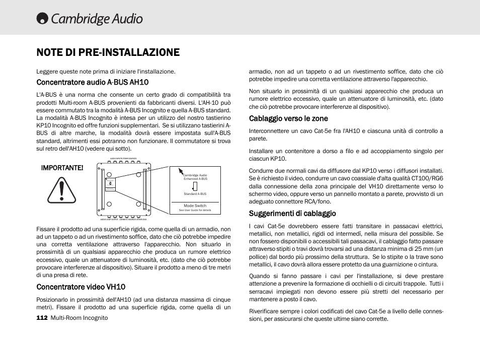 Concentratore aaudio aa-b bus aah10, Concentratore vvideo vvh10, Cablaggio vverso lle zzone | Suggerimenti ddi ccablaggio | Cambridge Audio Multi-room speaker system User Manual | Page 112 / 194