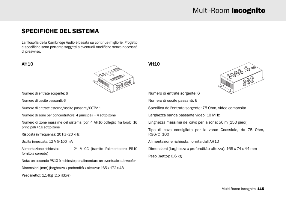 Multi-room incognito, Specifiche del sistema | Cambridge Audio Multi-room speaker system User Manual | Page 115 / 194