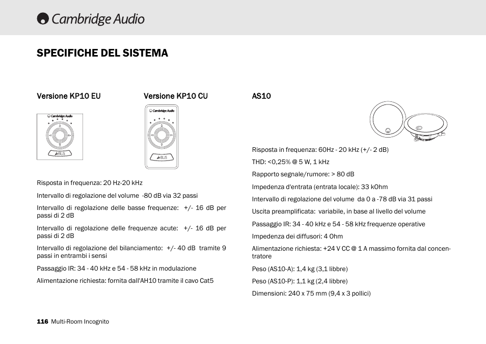 Specifiche del sistema | Cambridge Audio Multi-room speaker system User Manual | Page 116 / 194