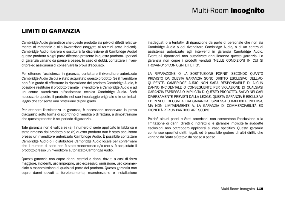 Multi-room incognito, Limiti di garanzia | Cambridge Audio Multi-room speaker system User Manual | Page 119 / 194