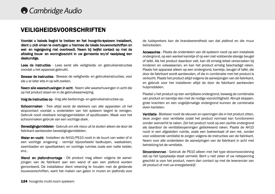 Veiligheidsvoorschriften | Cambridge Audio Multi-room speaker system User Manual | Page 124 / 194