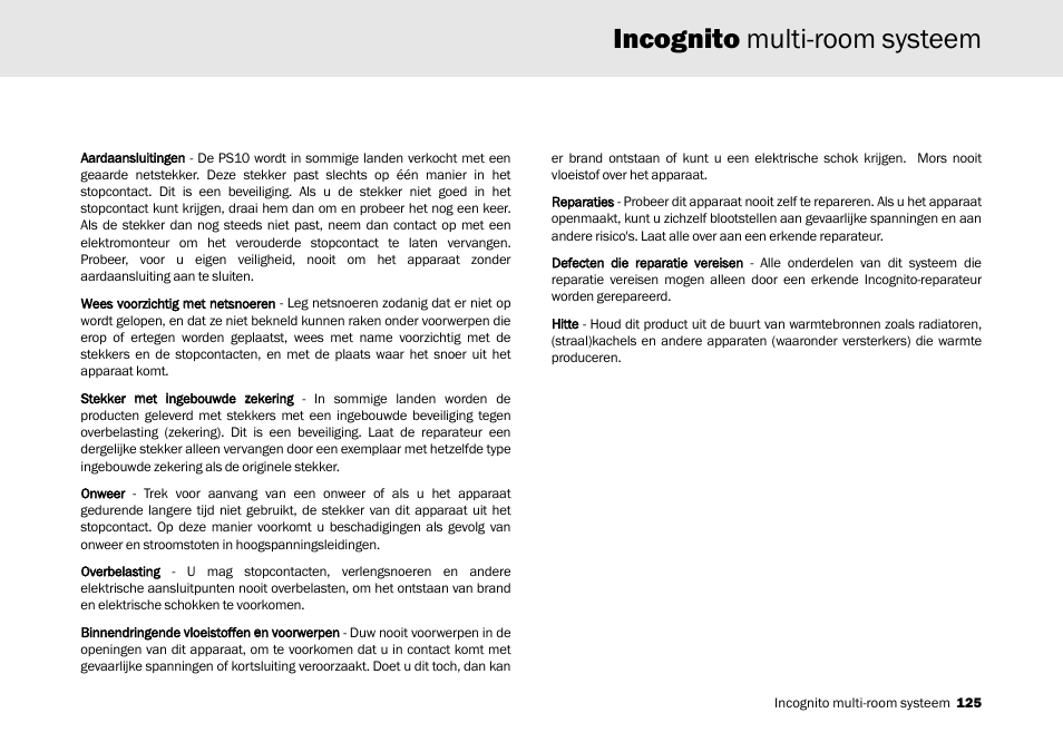 Incognito multi-room, Incognito multi-room systeem | Cambridge Audio Multi-room speaker system User Manual | Page 125 / 194