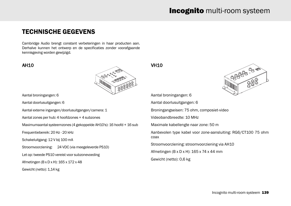 Incognito multi-room systeem, Technische gegevens | Cambridge Audio Multi-room speaker system User Manual | Page 139 / 194