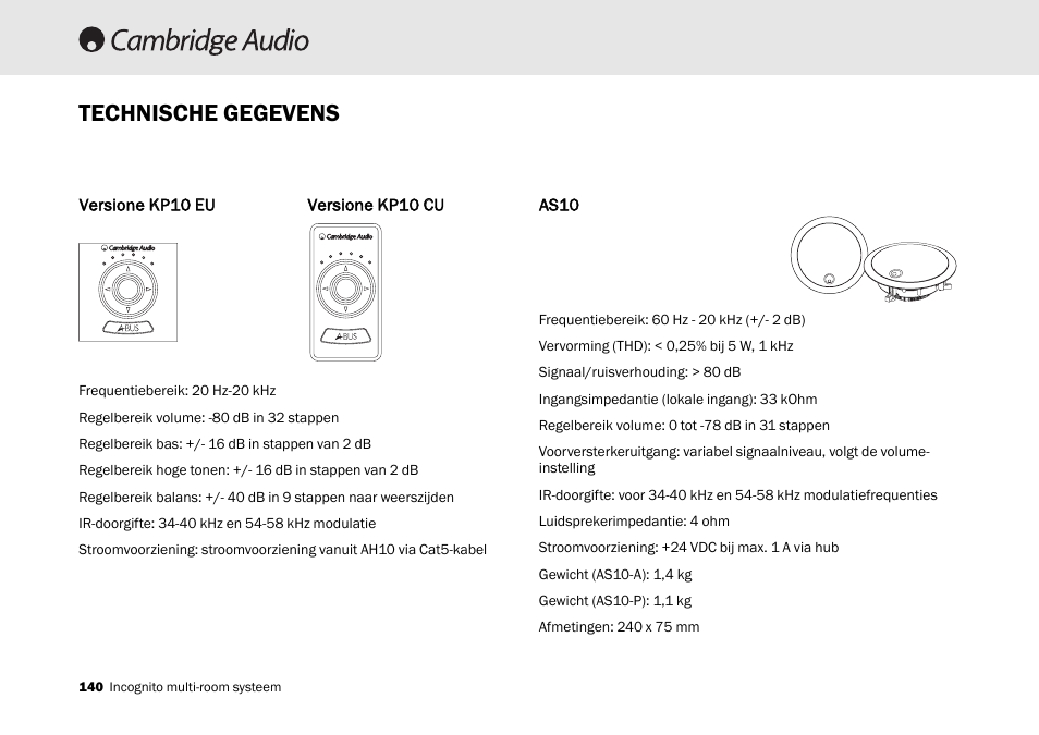 Technische gegevens | Cambridge Audio Multi-room speaker system User Manual | Page 140 / 194