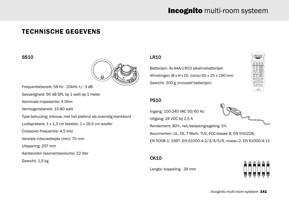 Incognito multi-room systeem, Technische gegevens | Cambridge Audio Multi-room speaker system User Manual | Page 141 / 194