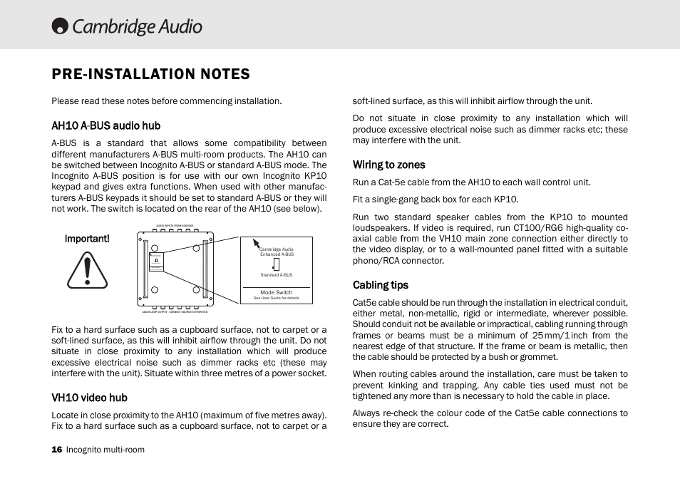 Ah10 aa-b bus audio hhub, Vh10 vvideo hhub, Wiring tto zzones | Cabling ttips | Cambridge Audio Multi-room speaker system User Manual | Page 16 / 194