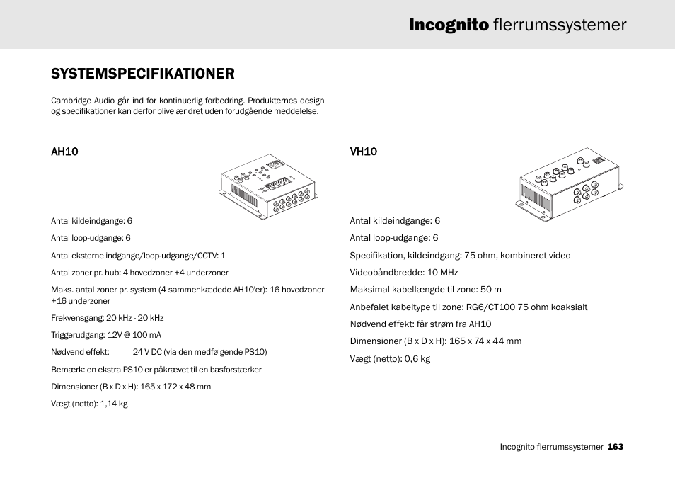 Incognito flerrumssystemer, Systemspecifikationer | Cambridge Audio Multi-room speaker system User Manual | Page 163 / 194