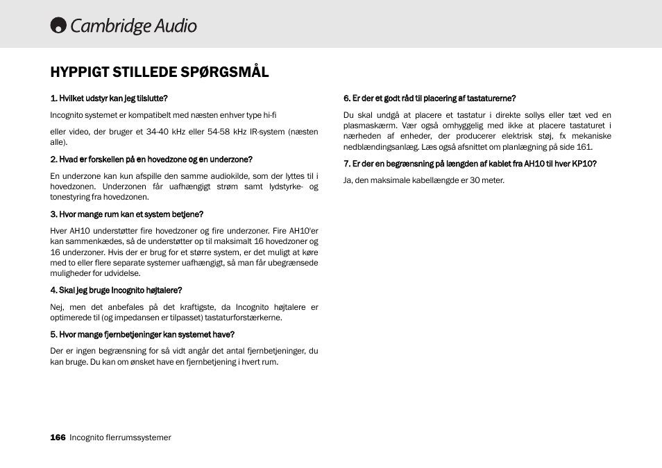 Hyppigt stillede spørgsmål | Cambridge Audio Multi-room speaker system User Manual | Page 166 / 194