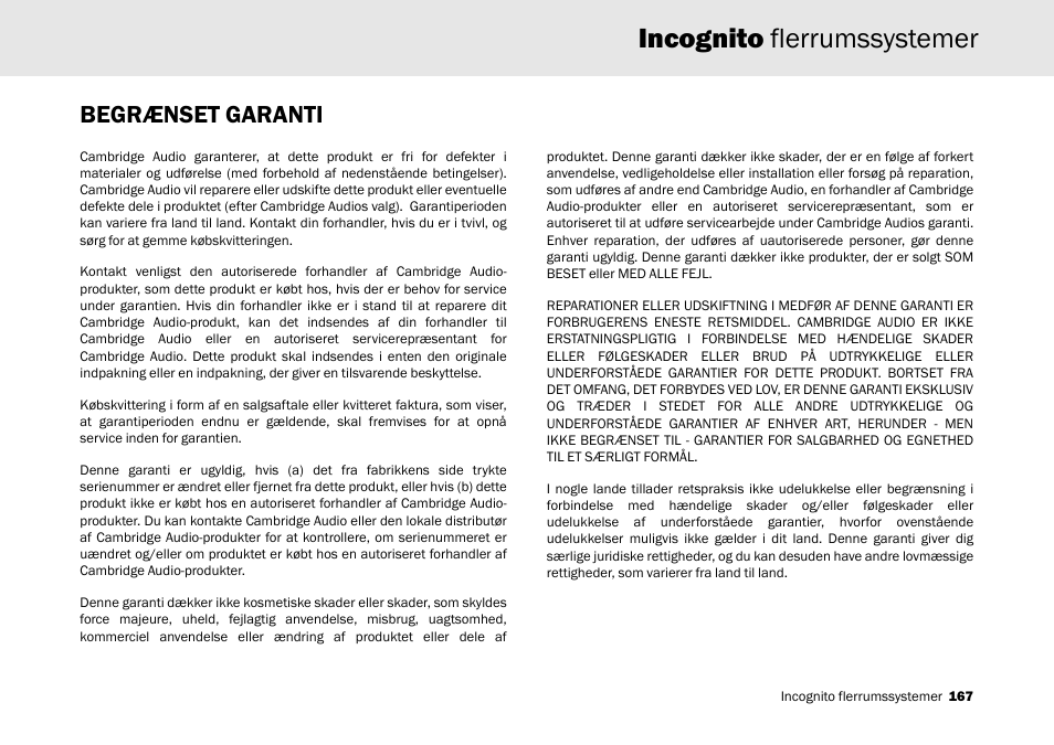 Incognito flerrumssystemer, Begrænset garanti | Cambridge Audio Multi-room speaker system User Manual | Page 167 / 194