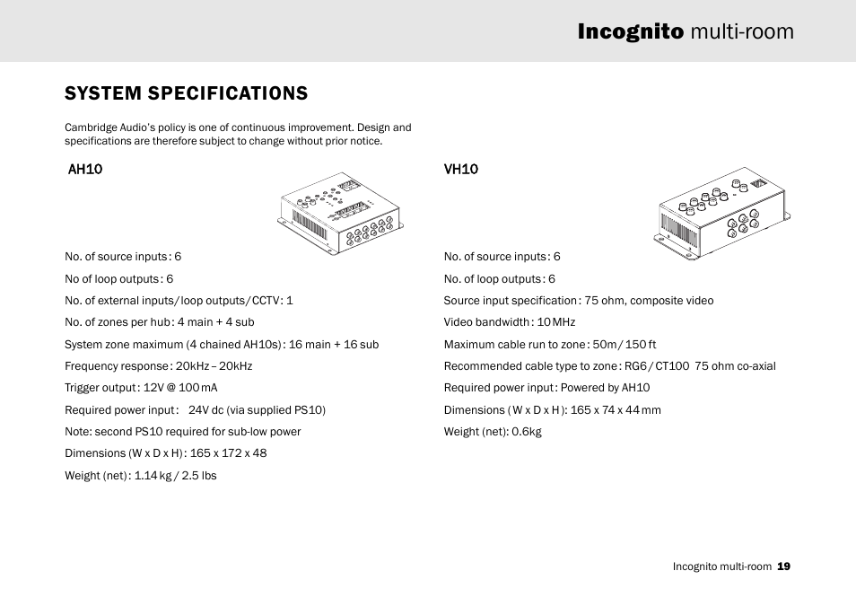 Incognito multi-room, System specifications | Cambridge Audio Multi-room speaker system User Manual | Page 19 / 194
