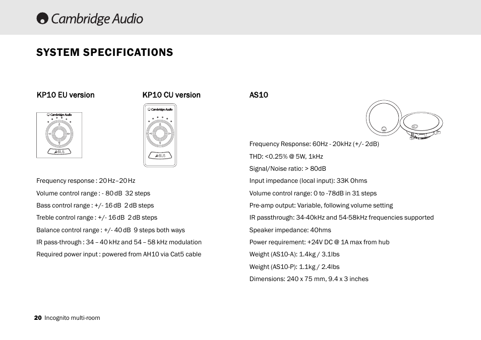 System specifications | Cambridge Audio Multi-room speaker system User Manual | Page 20 / 194