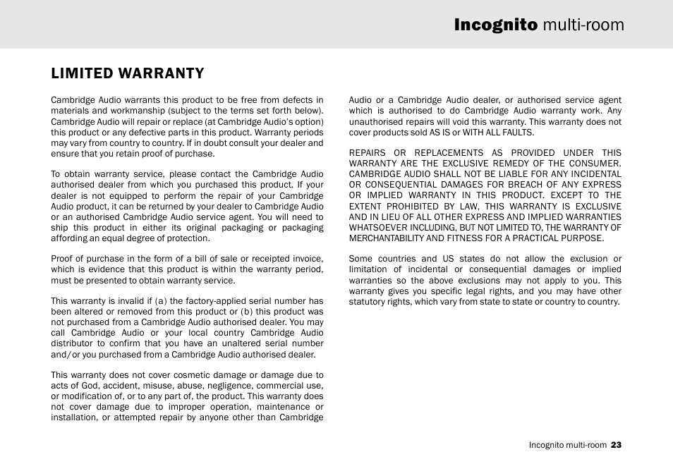 Incognito multi-room, Limited warranty | Cambridge Audio Multi-room speaker system User Manual | Page 23 / 194