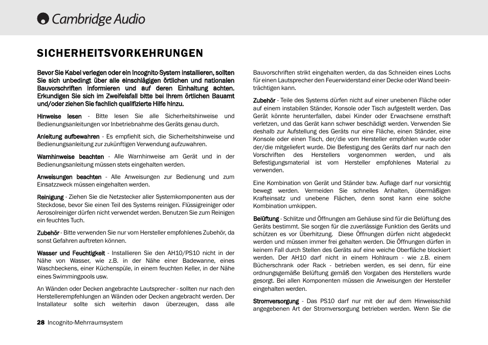 Sicherheitsvorkehrungen | Cambridge Audio Multi-room speaker system User Manual | Page 28 / 194