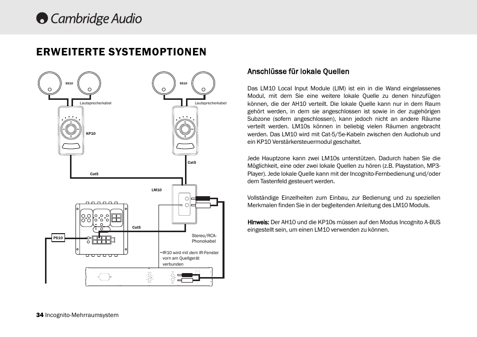 Erweiterte systemoptionen, Anschlüsse ffür llokale q quellen | Cambridge Audio Multi-room speaker system User Manual | Page 34 / 194