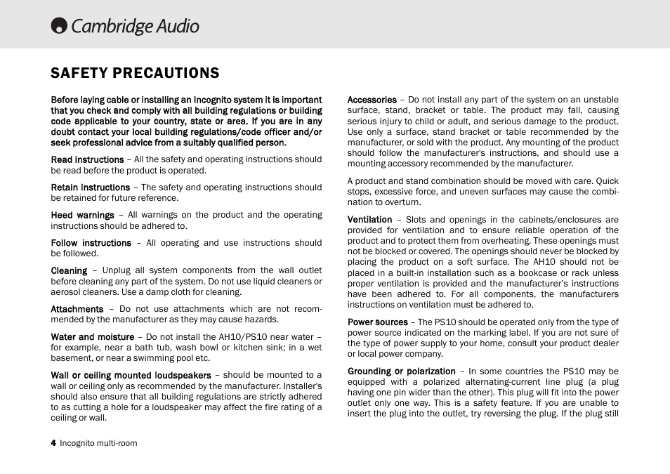 Safety precautions | Cambridge Audio Multi-room speaker system User Manual | Page 4 / 194