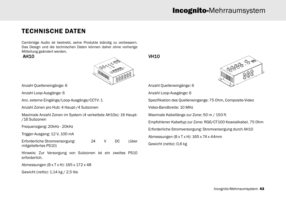 Incognito-mehrraumsystem, Technische daten | Cambridge Audio Multi-room speaker system User Manual | Page 43 / 194