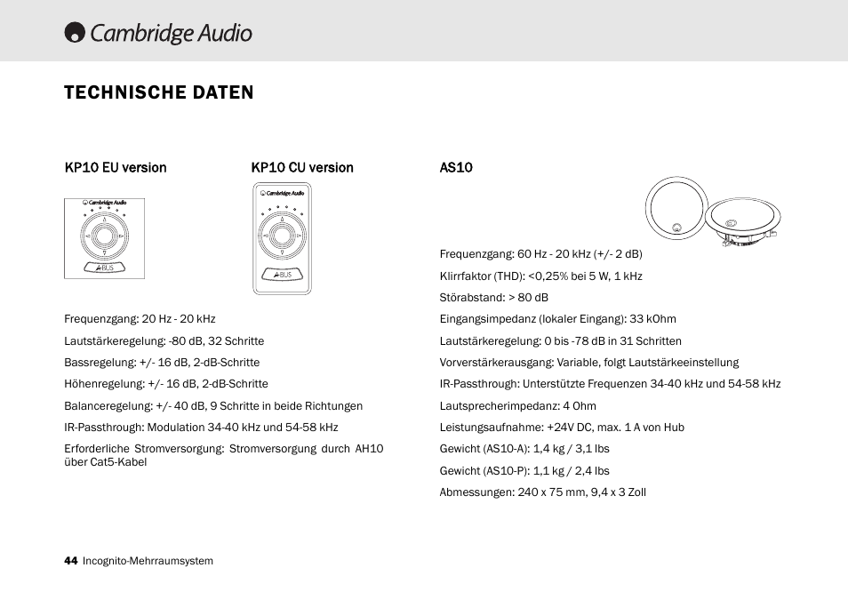 Technische daten | Cambridge Audio Multi-room speaker system User Manual | Page 44 / 194