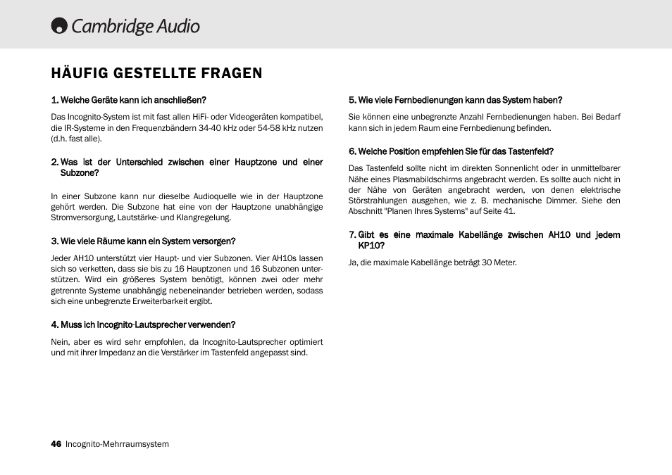 Häufig gestellte fragen | Cambridge Audio Multi-room speaker system User Manual | Page 46 / 194
