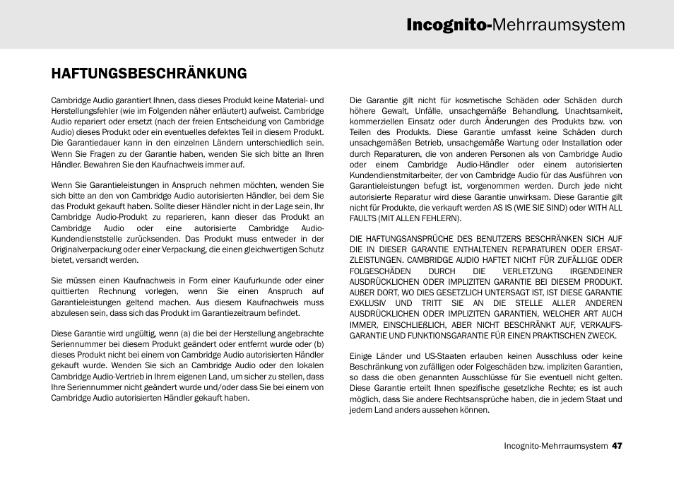 Incognito-mehrraumsystem, Haftungsbeschränkung | Cambridge Audio Multi-room speaker system User Manual | Page 47 / 194
