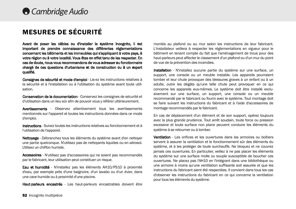 Mesures de sécurité | Cambridge Audio Multi-room speaker system User Manual | Page 52 / 194