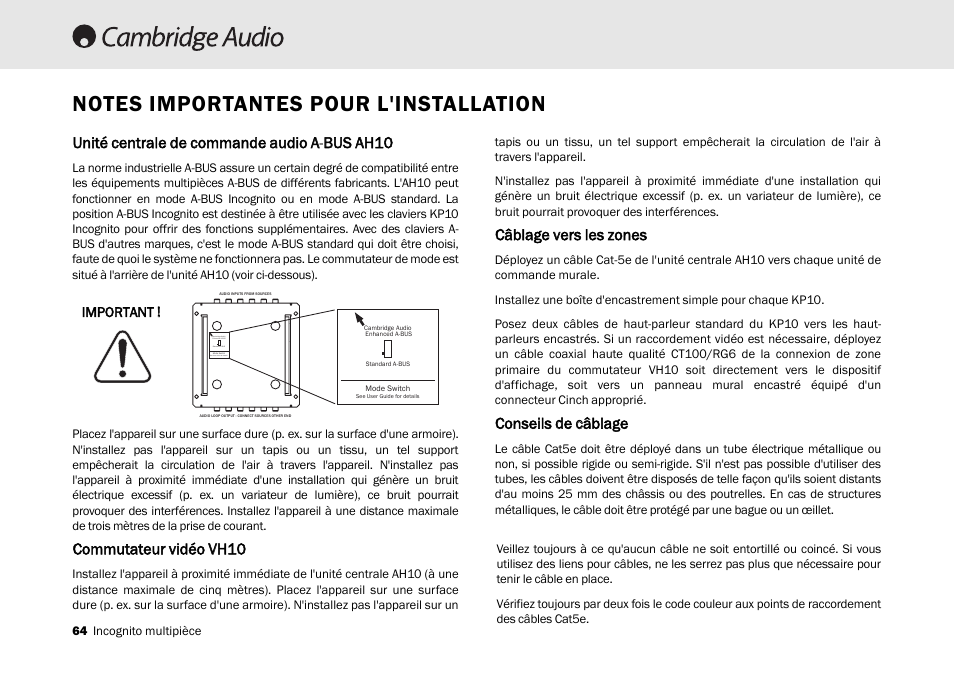 Commutateur vvidéo vvh10, Câblage vvers lles zzones, Conseils dde ccâblage | Cambridge Audio Multi-room speaker system User Manual | Page 64 / 194