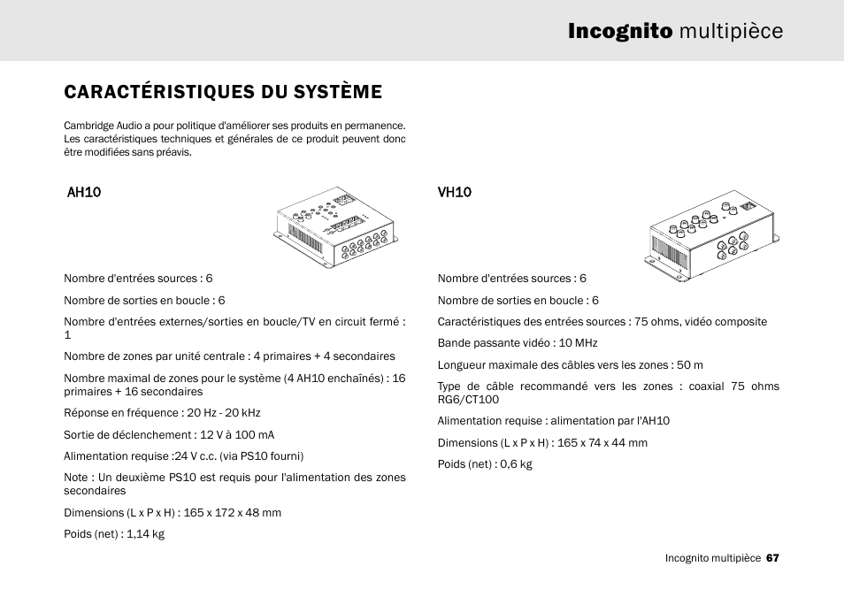 Incognito multipièce, Caractéristiques du système | Cambridge Audio Multi-room speaker system User Manual | Page 67 / 194