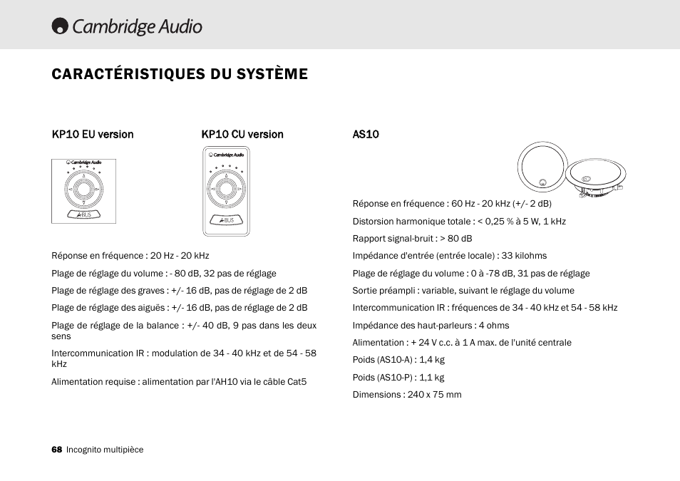 Caractéristiques du système | Cambridge Audio Multi-room speaker system User Manual | Page 68 / 194