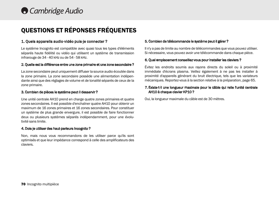 Questions et réponses fréquentes | Cambridge Audio Multi-room speaker system User Manual | Page 70 / 194