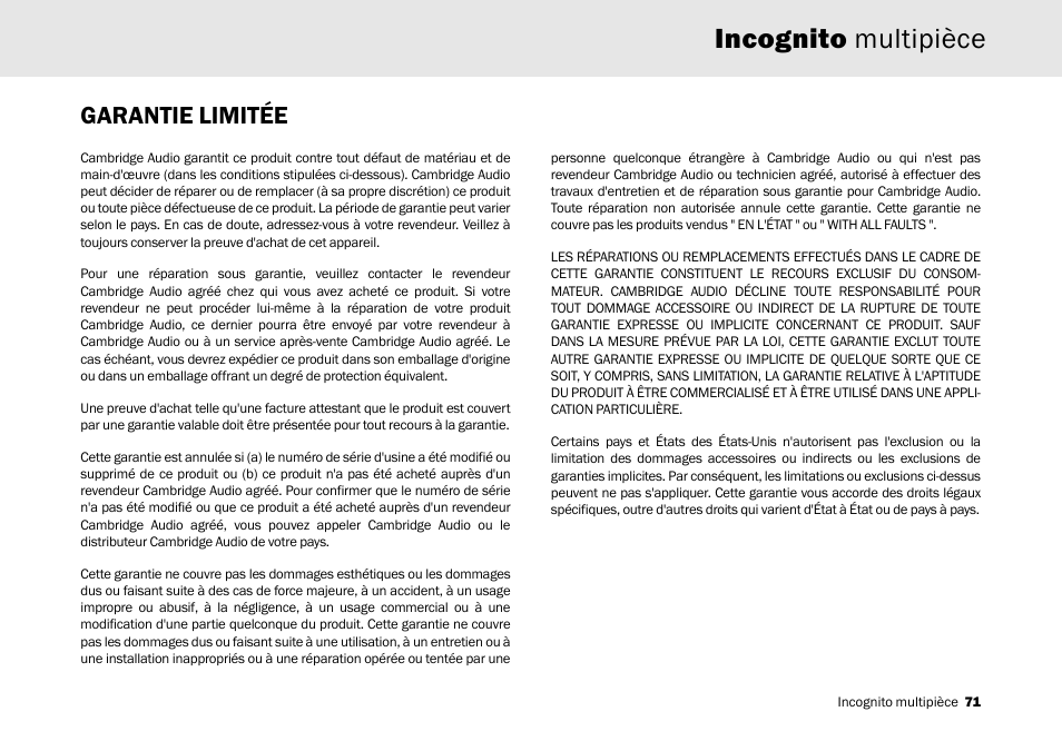 Incognito multipièce, Garantie limitée | Cambridge Audio Multi-room speaker system User Manual | Page 71 / 194