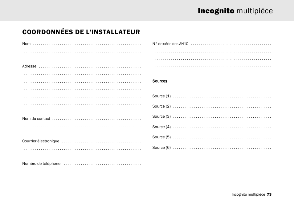 Incognito multipièce, Coordonnées de l'installateur | Cambridge Audio Multi-room speaker system User Manual | Page 73 / 194