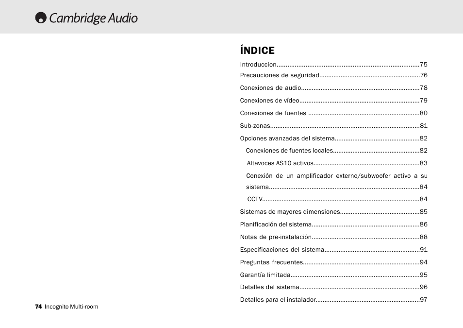 Índice | Cambridge Audio Multi-room speaker system User Manual | Page 74 / 194