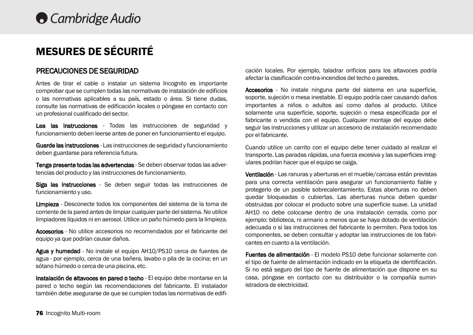 Mesures de sécurité | Cambridge Audio Multi-room speaker system User Manual | Page 76 / 194
