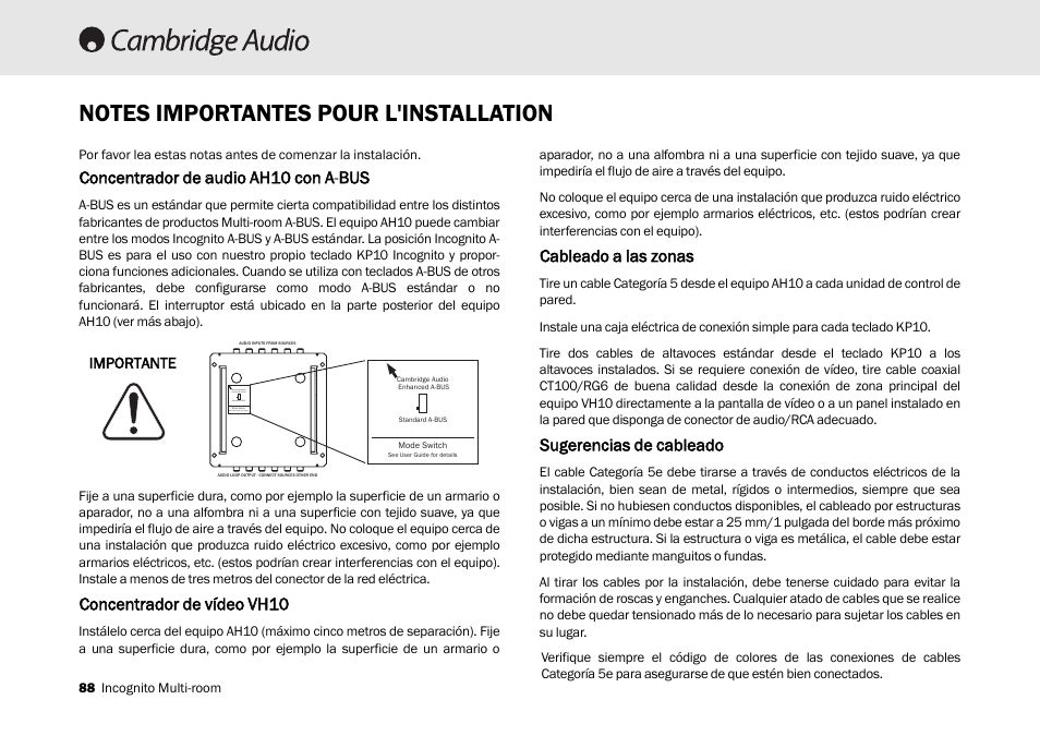 Concentrador dde aaudio aah10 ccon aa-b bus, Concentrador dde vvídeo vvh10, Cableado aa llas zzonas | Sugerencias dde ccableado | Cambridge Audio Multi-room speaker system User Manual | Page 88 / 194
