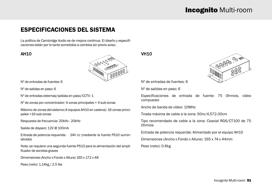 Incognito multi-room, Especificaciones del sistema | Cambridge Audio Multi-room speaker system User Manual | Page 91 / 194