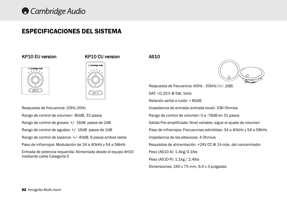 Especificaciones del sistema | Cambridge Audio Multi-room speaker system User Manual | Page 92 / 194