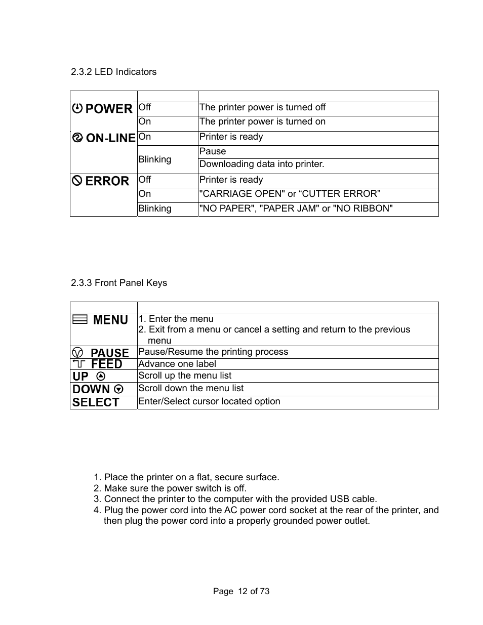 2 led indicators, 3 front panel keys, 4 setting up the printer | 2 led indicators 2.3.3 front panel keys | AMT Datasouth M7 User Manual | Page 12 / 73