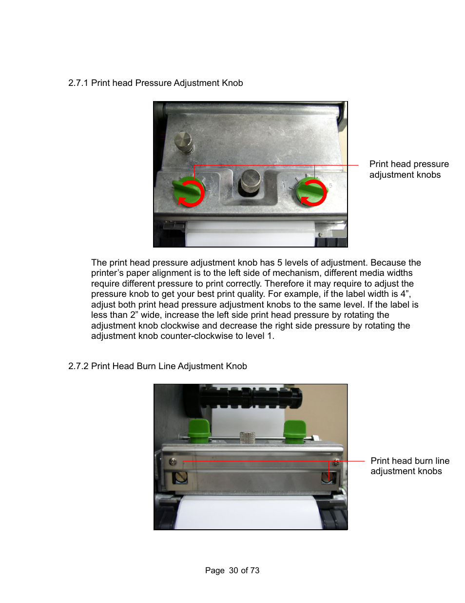 7 adjustment knob, 1 print head pressure adjustment knob, 2 print head burn line adjustment knob | AMT Datasouth M7 User Manual | Page 30 / 73