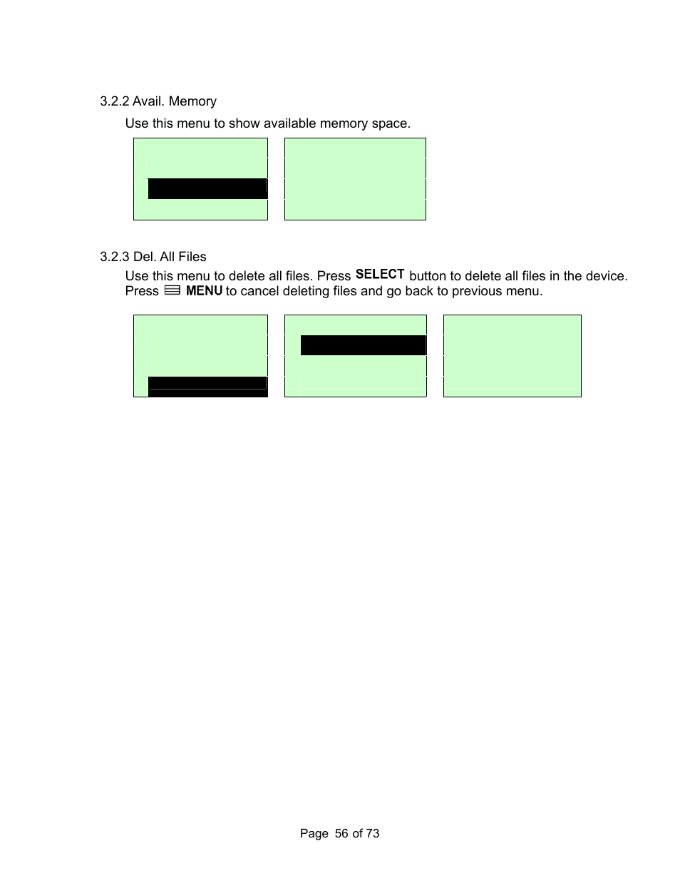 2 avail. memory, 3 del. all files, 2 avail. memory 3.2.3 del. all files | AMT Datasouth M7 User Manual | Page 56 / 73